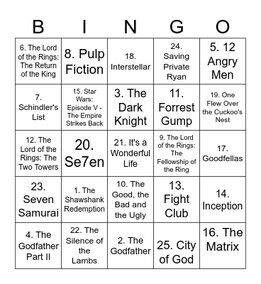 Best Movies of All Time Bingo Card