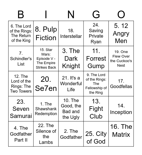 Best Movies of All Time Bingo Card