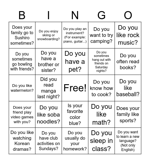 Conversation Practice: Do you...? (Yes, I do [or] No, I don't) Bingo Card