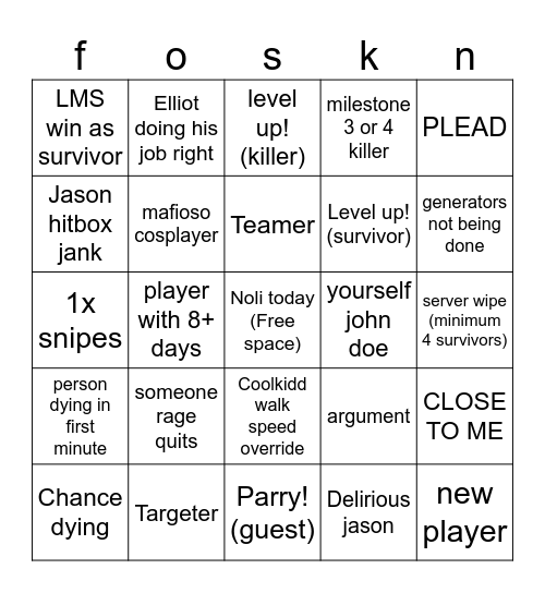 forsaken bingo Card