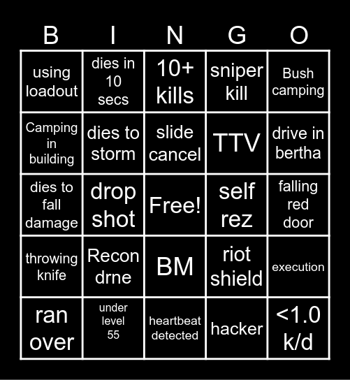 Warzone bingo Card