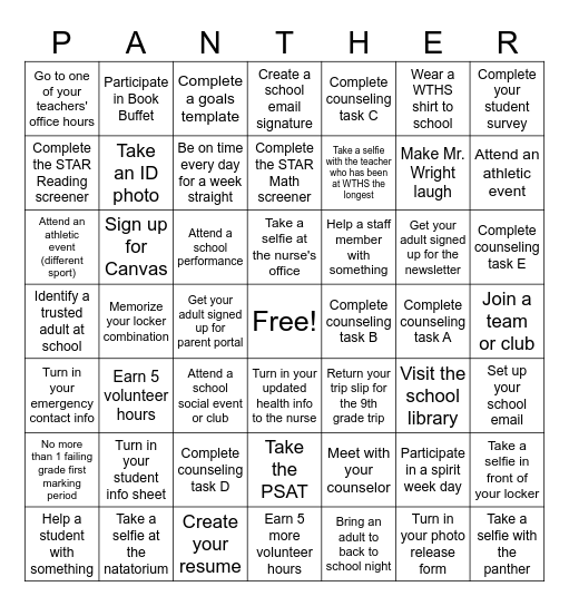 9TH GRADE PANTHER CARD Bingo Card