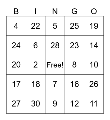 BINGO DOS NUMEROS Bingo Card