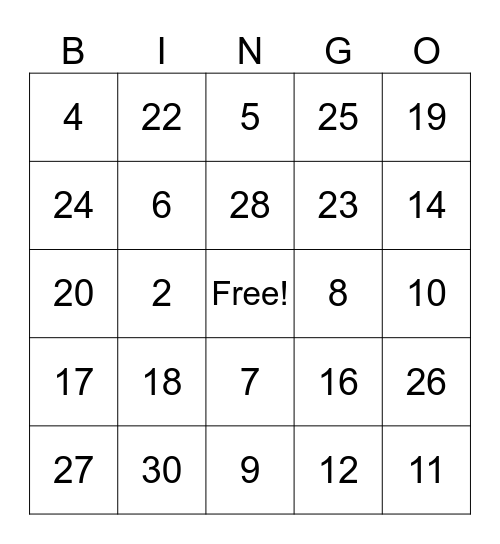 BINGO DOS NUMEROS Bingo Card