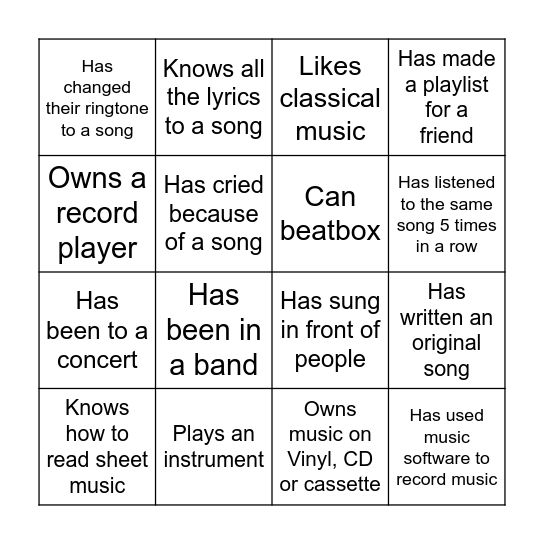 Music STP Bingo Card