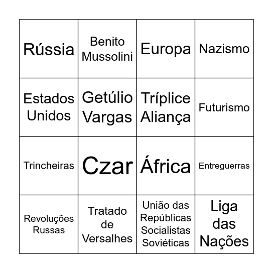 Revolução Russa e Primeira Guerra Bingo Card