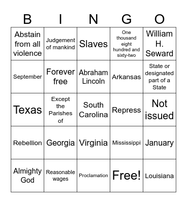 Emancipation Proclamation Bingo Card