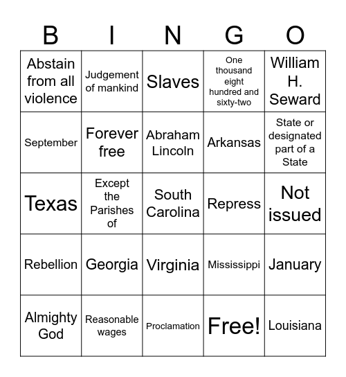 Emancipation Proclamation Bingo Card