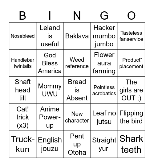 A Ninja and a Lazarus is a Lady’s Modesty Bingo Card