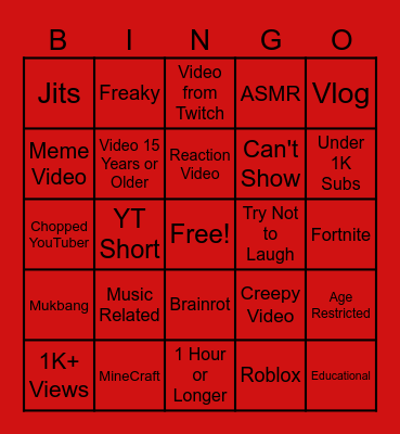 YouTube Bingo Card