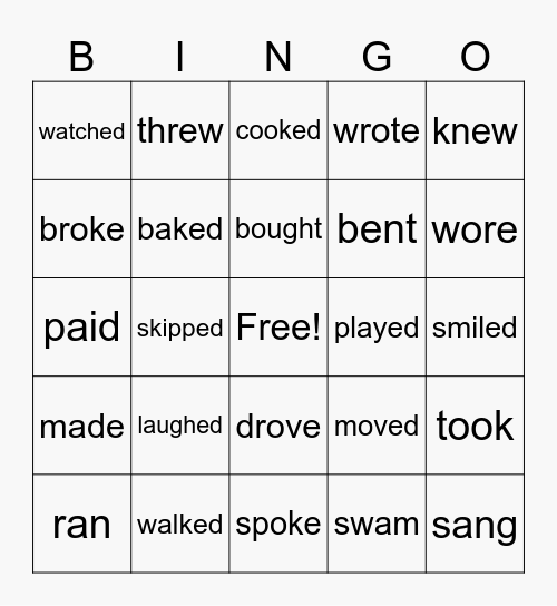 Past Tense Verbs Bingo Card