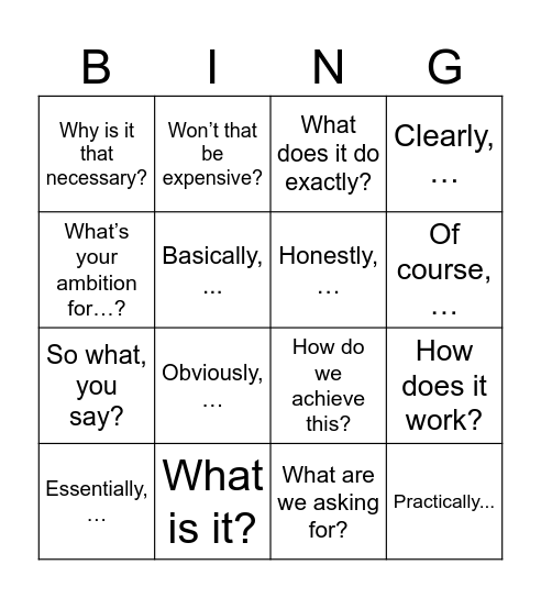 Elevator Pitch Bingo Card