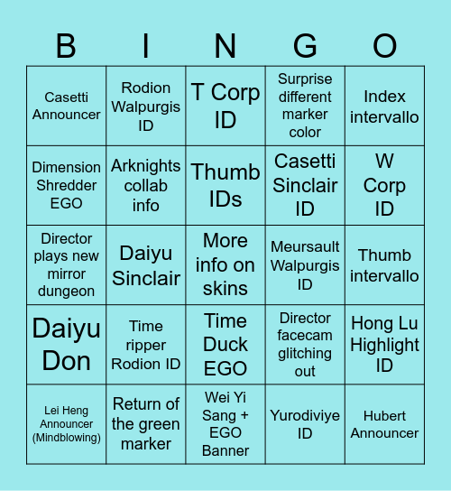 Limbus Season 6 Roadmap Livestream Bingo Card