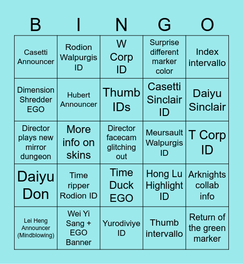 Limbus Season 6 Roadmap Livestream Bingo Card