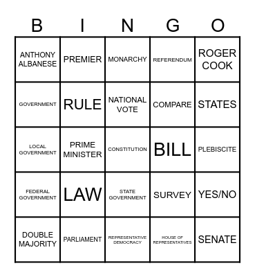 Yr 7 Civics - BINGO Card