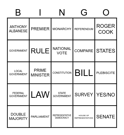 Yr 7 Civics - BINGO Card
