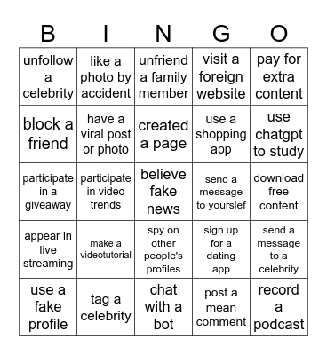 Internet Activities Bingo Card