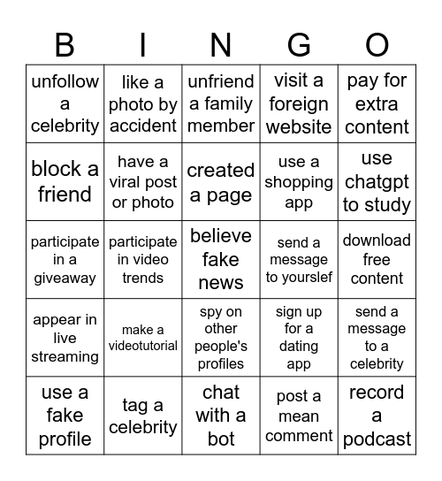 Internet Activities Bingo Card