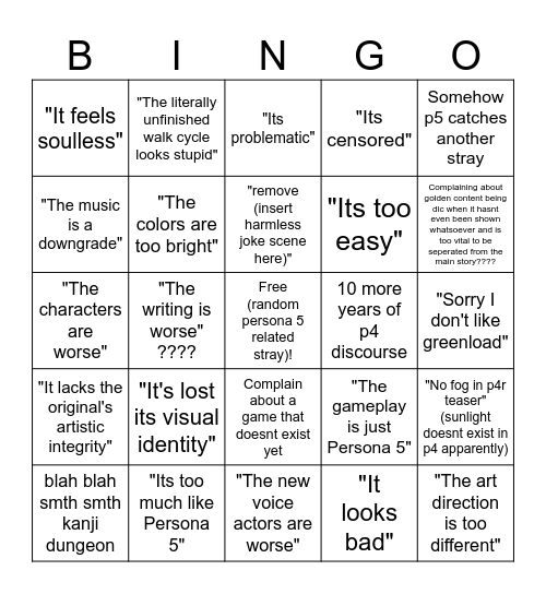 Persona Remake Hater Bingo Card