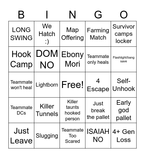 DBD Game Traits Bingo Card