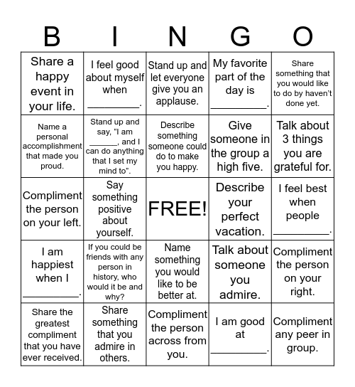 Self-Esteem Bingo Card