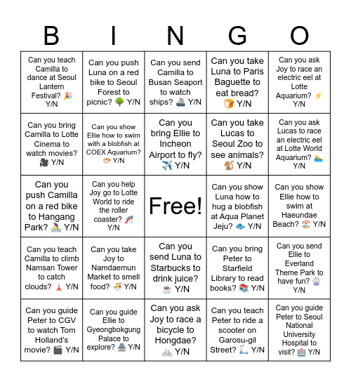 Can you push Camilla on a red bike to Hangang Park? 🚴‍♀️ Y/N Bingo Card