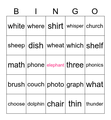sh, ph, ch, wh, th words Bingo Card