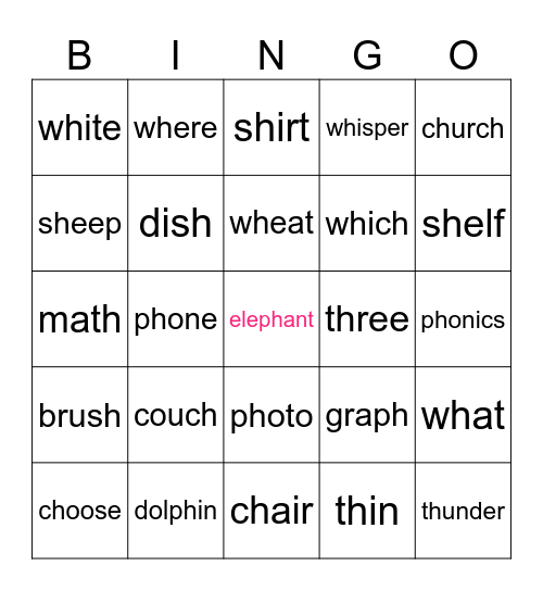 sh, ph, ch, wh, th words Bingo Card