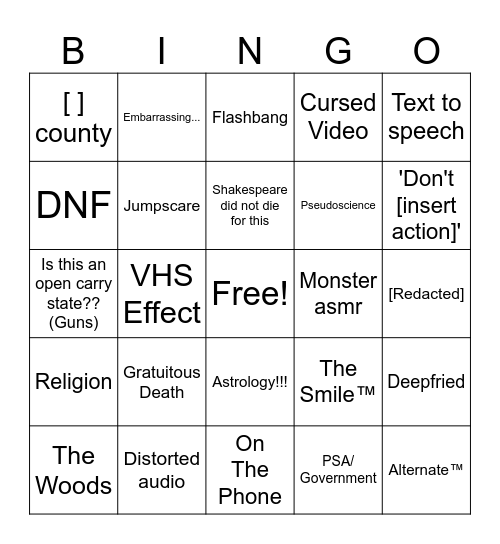 Analog Horror Bingo Card