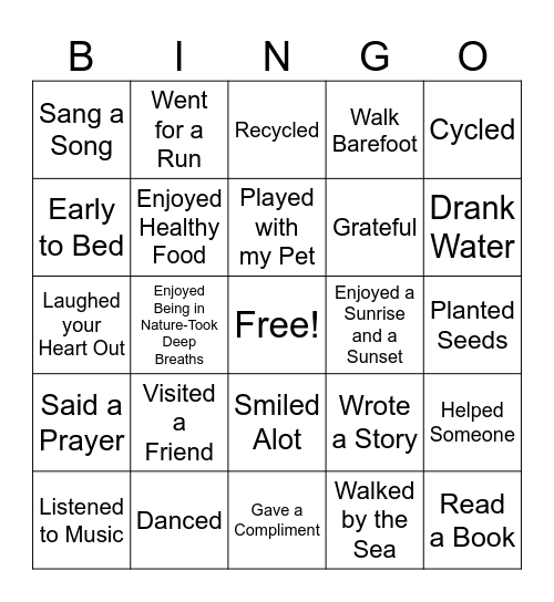 Wellbeing Bingo Card