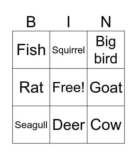 Animal Bingo Card
