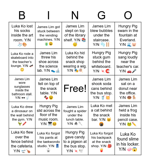 Luka Ko found slime in his locker. Y/N 🧼😱 Bingo Card