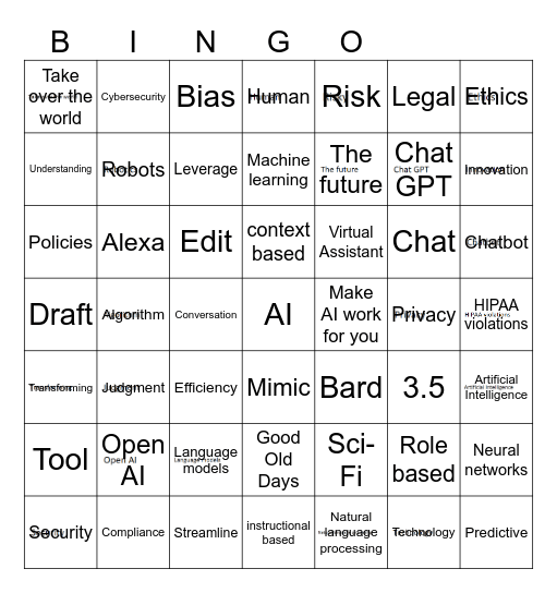 Artificial Intelligence Bingo Card
