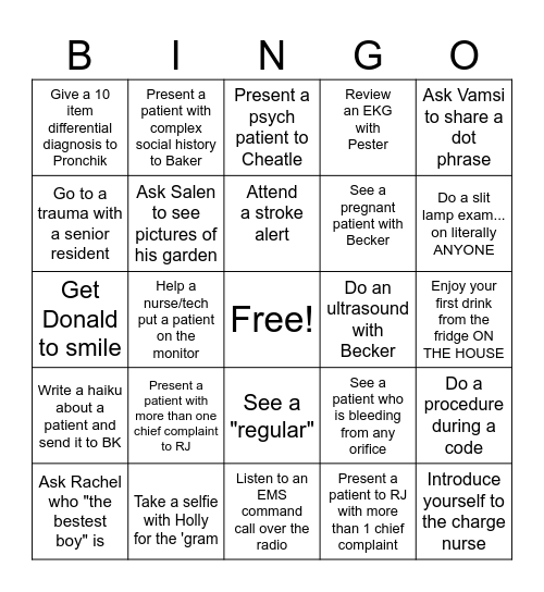 Welcome to Residency! Bingo Card