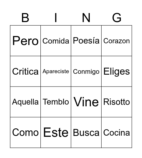 El Amor Del Menu Del Dia BINGO Card