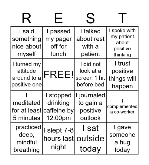 The Power of Positivity and Rest Bingo Card