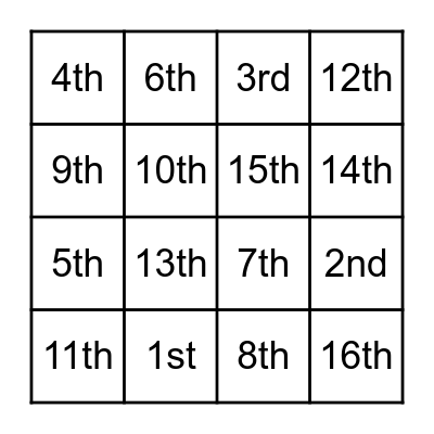Ordinal numbers Bingo Card