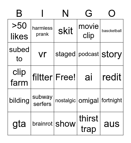 youtube shorts card Bingo Card