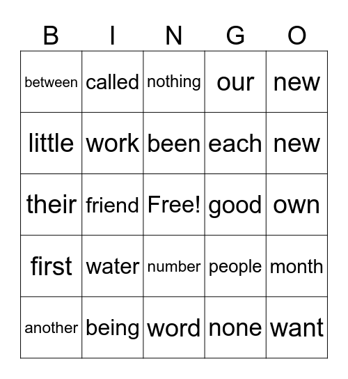 Trick Word Bingo Card