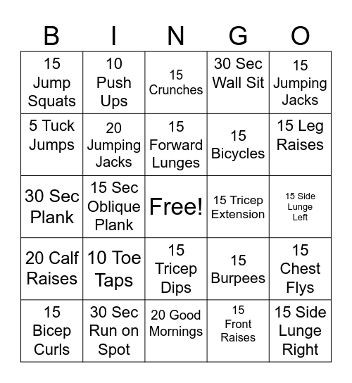 Fitness Bingp Bingo Card
