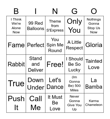 1980s Songs Bingo Card