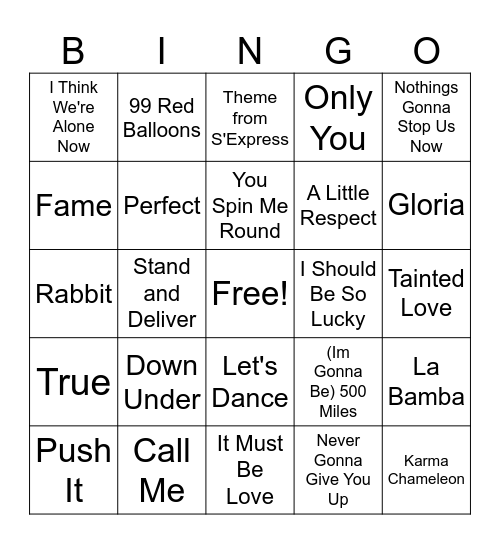1980s Songs Bingo Card