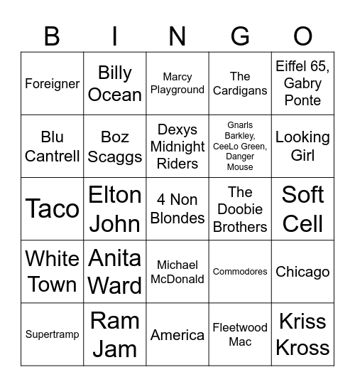 Yacht Rock Oneders Bingo Card
