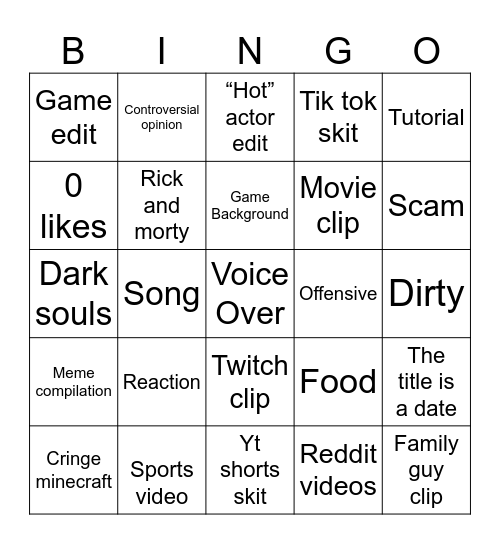 YouTube shorts Bingo Card