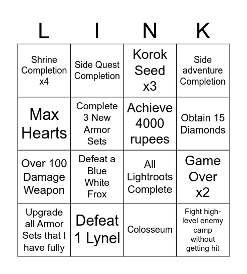 Zelda TotK Bingo Card