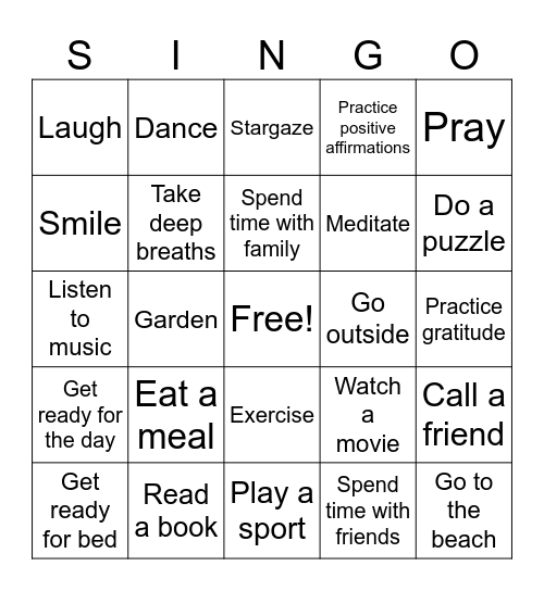 SINGO! Self-Care Edition Bingo Card