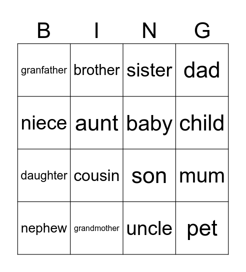 My Family Bingo Card