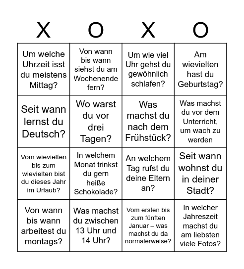 Temporale Präposition Bingo Card