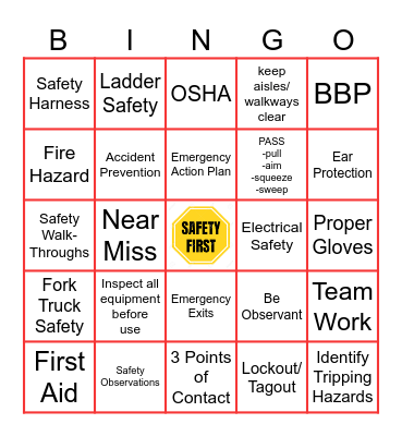 Safety Day Bingo Card
