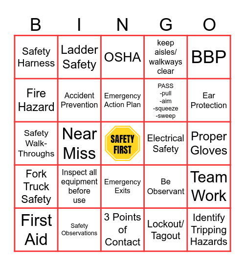 Safety Day Bingo Card